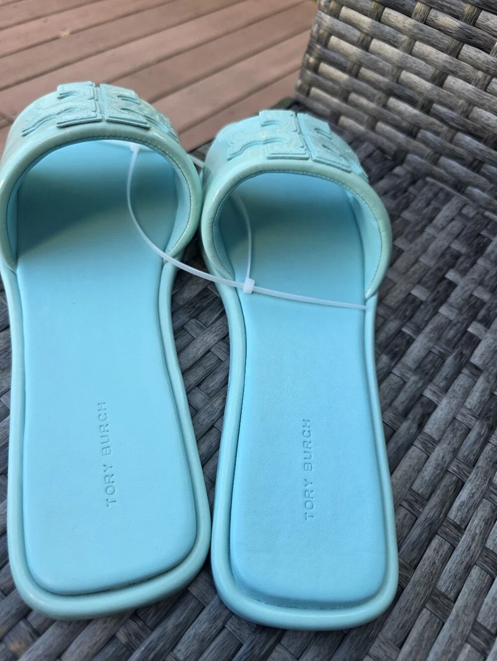 Tory Burch Double T Leather Sport Slide Caribbean Mist Size 10
